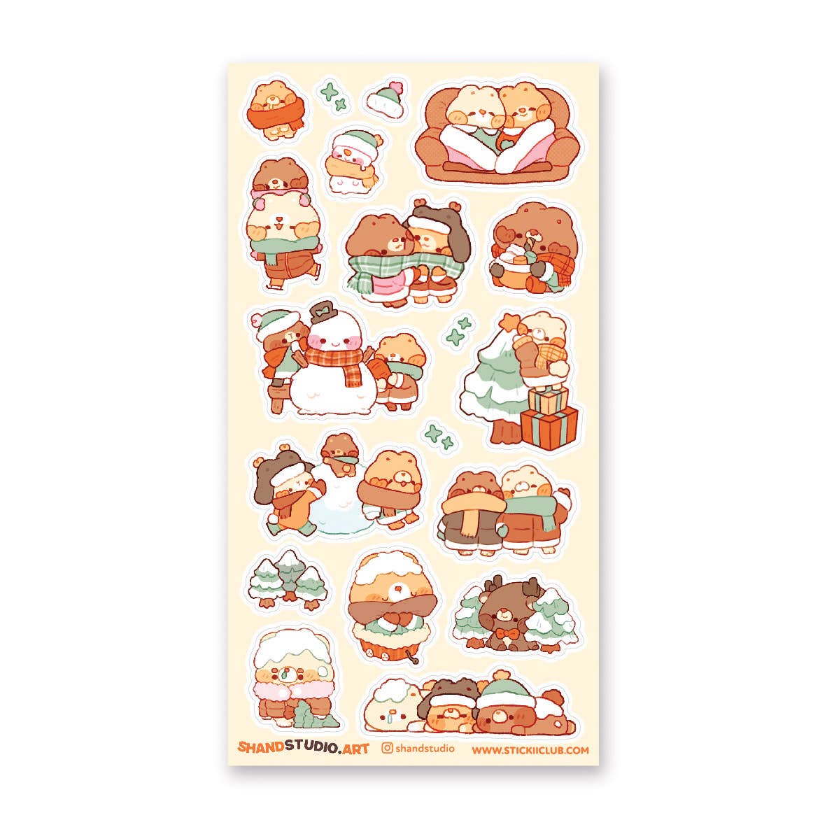 Sticker sheet with images of bears cuddling and doing holiday things.