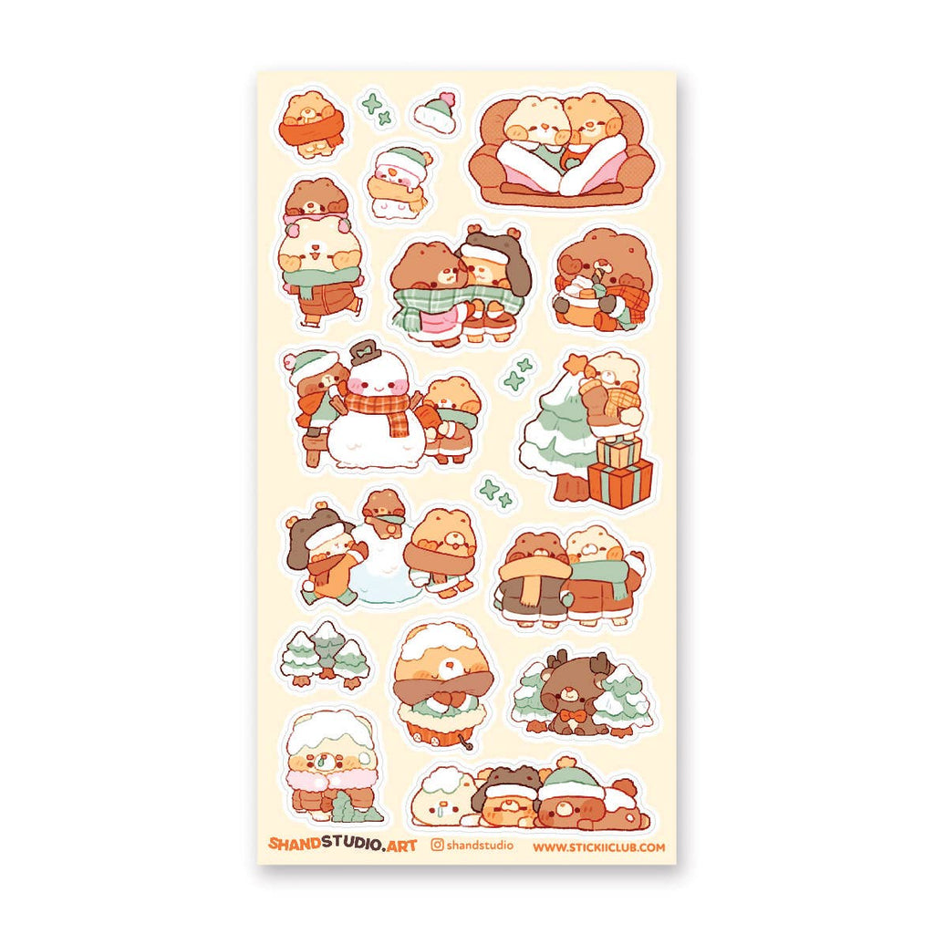 Sticker sheet with images of bears cuddling and doing holiday things.
