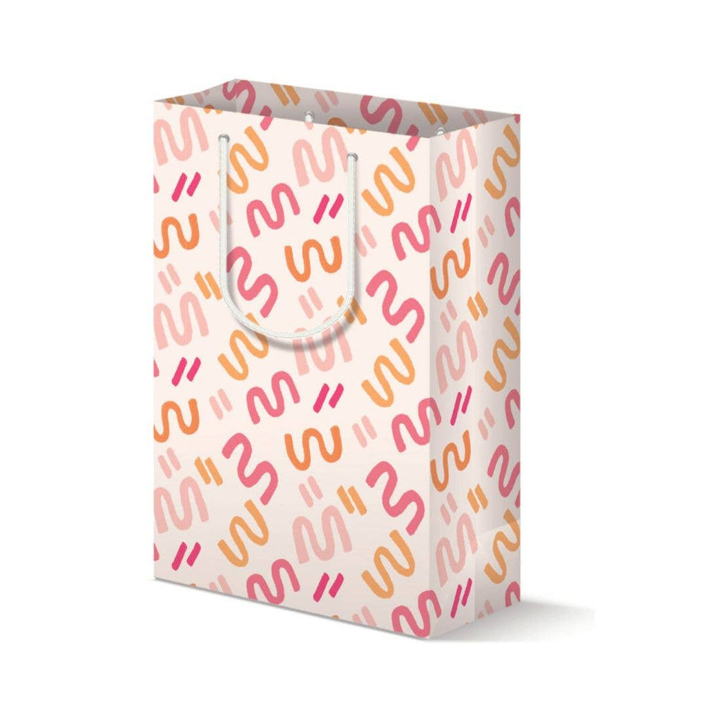 White background with pink, hot pink and yellow squiggles with white cord handle.