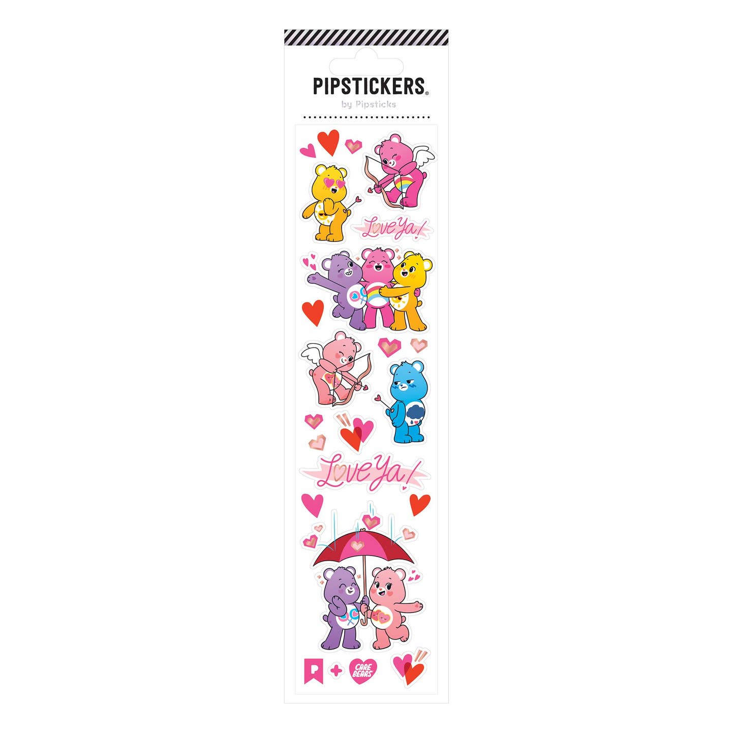 Decorative sticker sheet with images of Care Bears with hearts and hugging each other. 