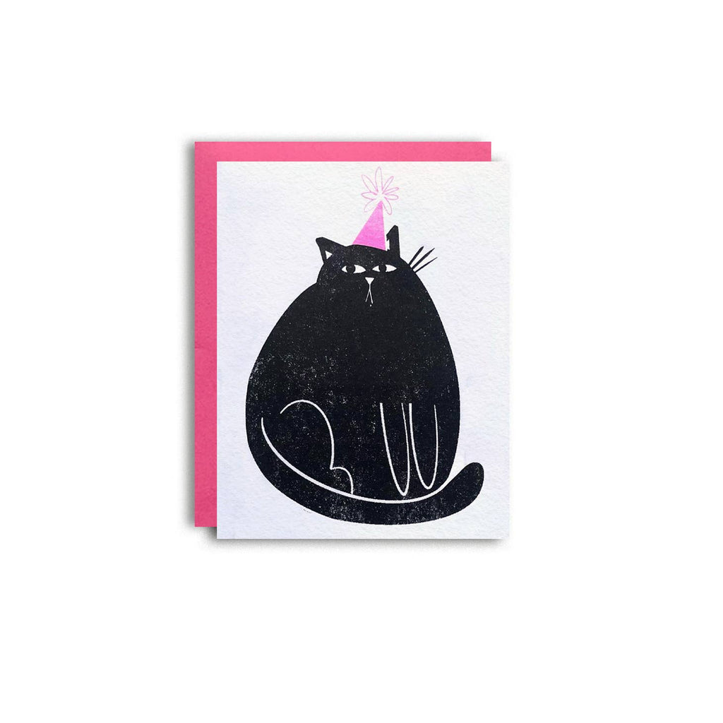 White background with image of black cat wearing a pink party hat. Pink envelope is included.         