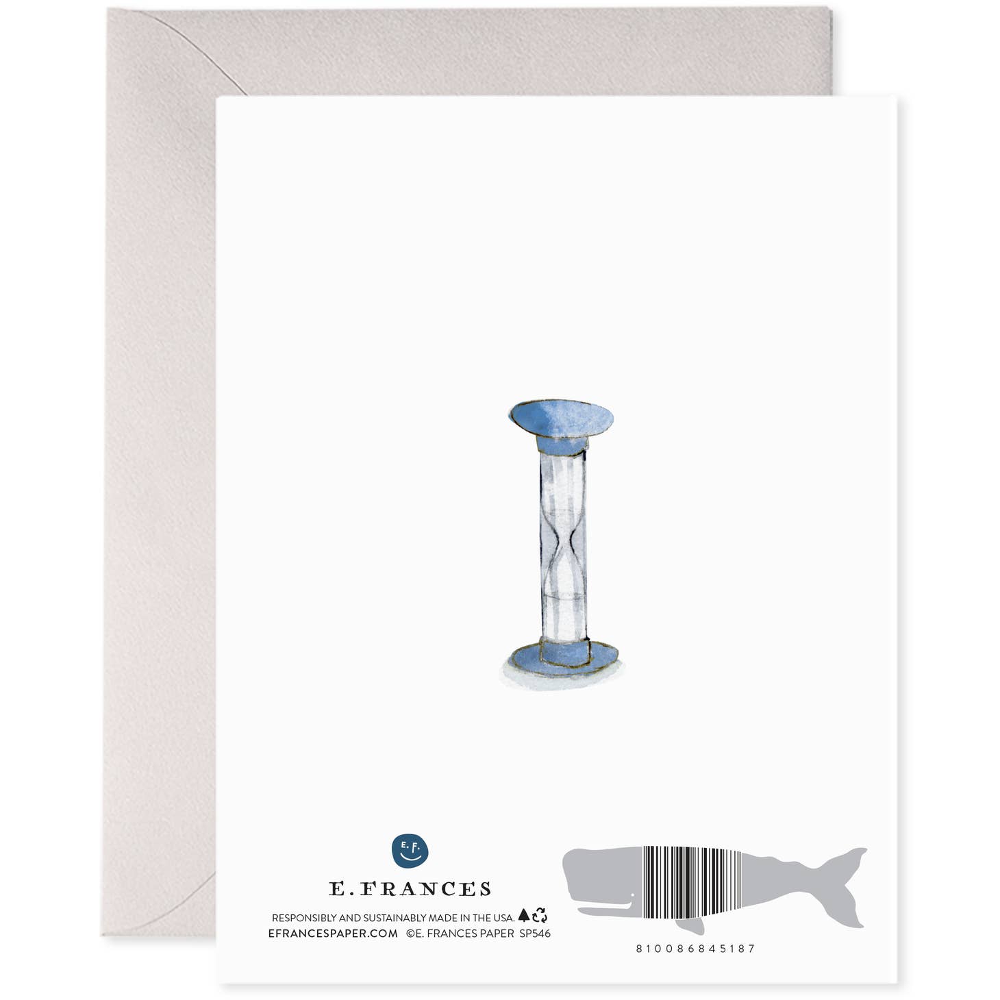 White background with image of blue and white boggle hourglass timer. A grey envelope is included. 