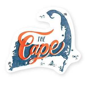 White background with image of map of cape cod in blue with red text says, “The Cape”. 