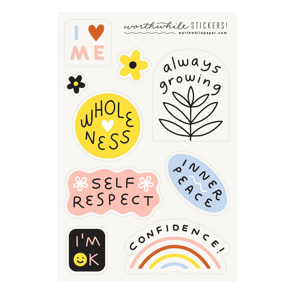 Image of sticker sheet with white background and images of stickers including yellow circle "wholeness", blue oval with "Inner peace" and pink rectangle with "self respect" and black square "I'm Ok".