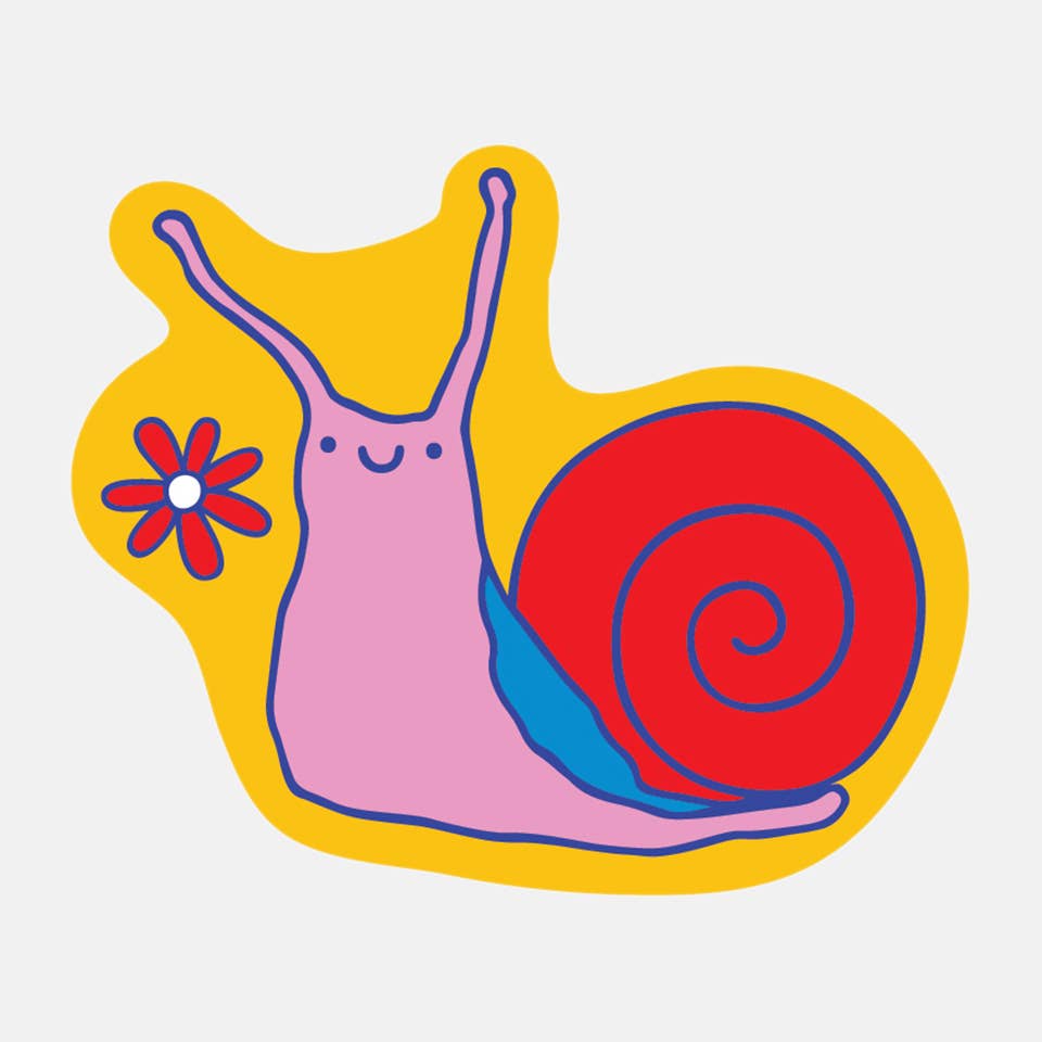 Image of snail with yellow background with pink body and red shell. 