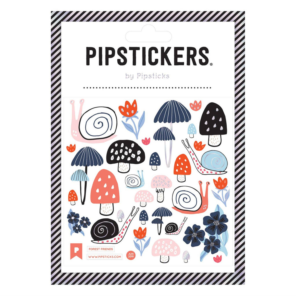 Sticker sheet with images of snails and toadstools in pink, red, blue, black and white. 