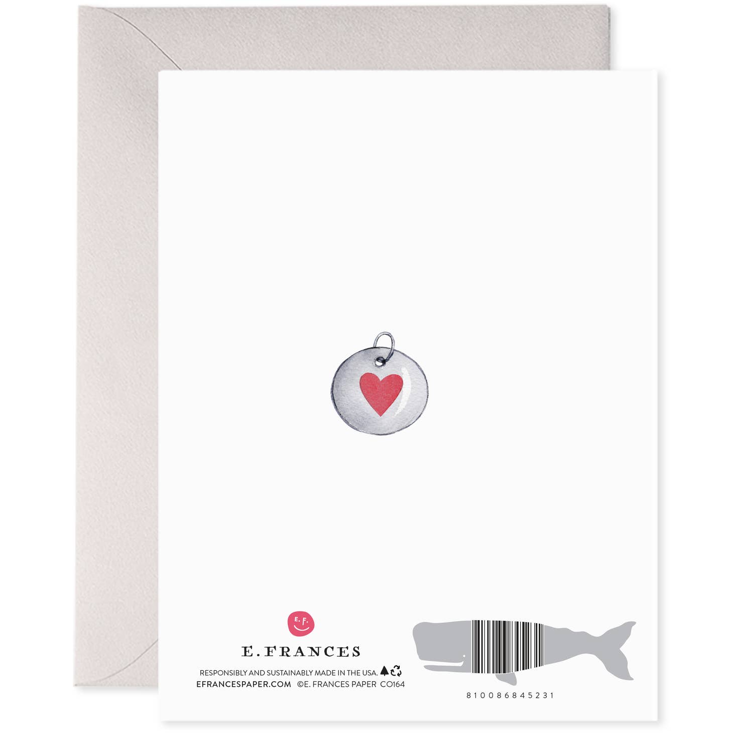 White background with image of a red heart tag. Grey envelope included.