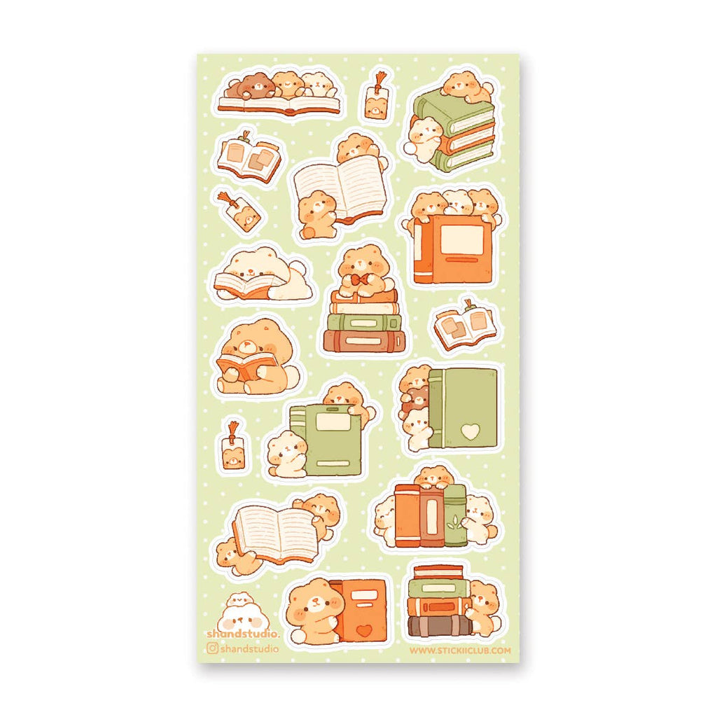 Light green background with images of bears with books in green, tan orange, ivory, and red