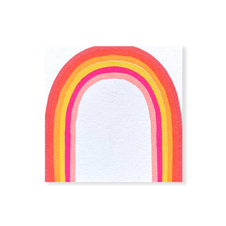 Note with cream background with neon arches in red, orange, yellow, hot pink and light pink. 