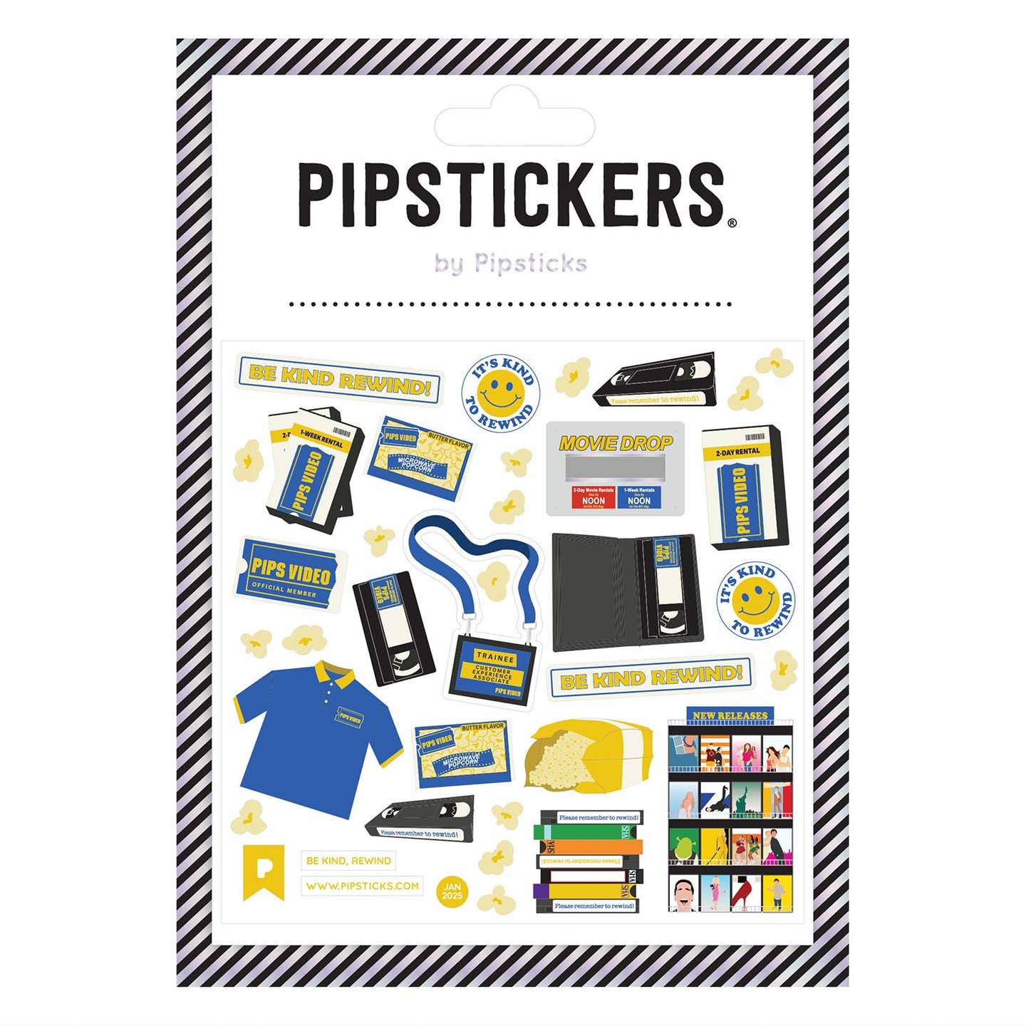 Sticker sheet with images of Blockbuster video shirts, videos and advertisements.