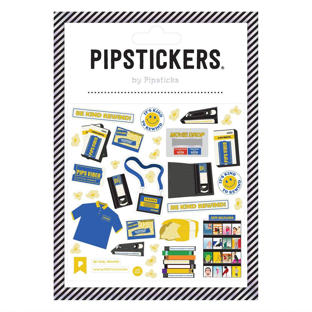 Sticker sheet with images of Blockbuster video shirts, videos and advertisements.