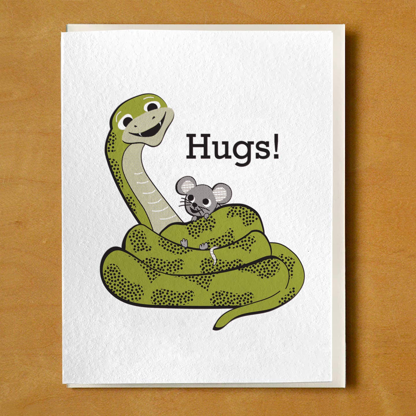 Greeting card with white background and image of green boa hugging a grey mouse. Black text says, "Hugs!". Envelope included. 