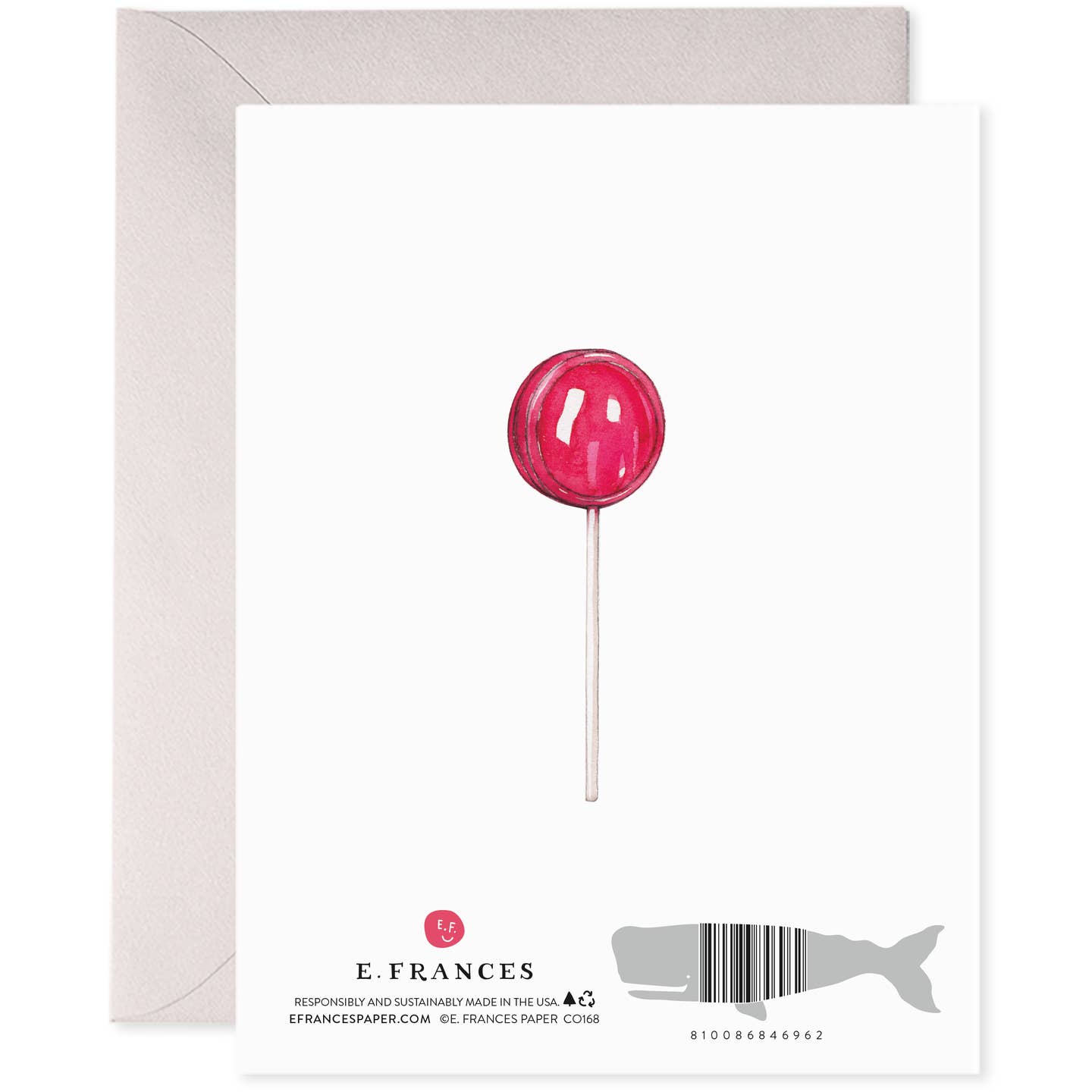 Back of greeting card with image of red blowpop lollipop. 