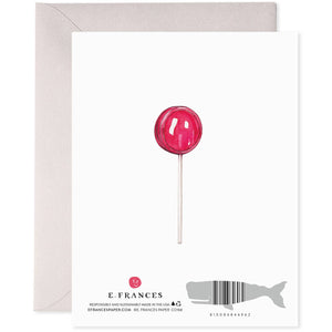 Back of greeting card with image of red blowpop lollipop. 