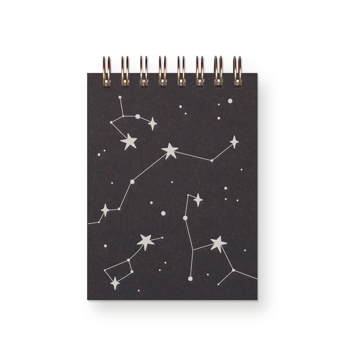 Notebook cover with black background and silver constellation designs.