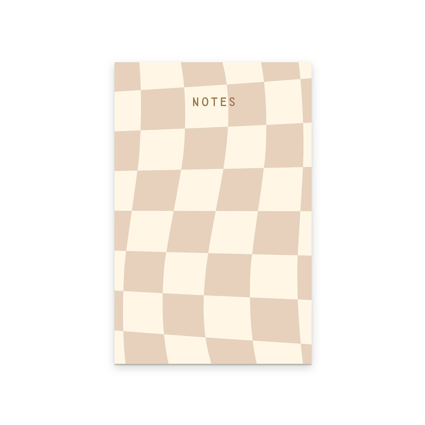 Notepad with cream and tan wavy checkerboard pattern with gold text says, "Notes". 