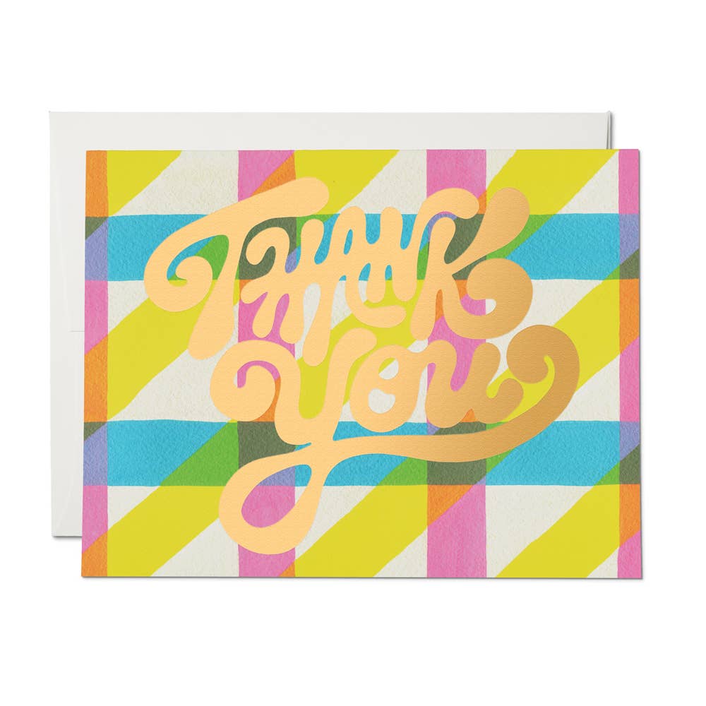 Neon plaid patterned card with bubbly cursive "thank you" in gold foil