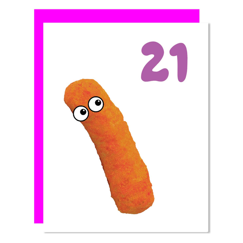 White background with image of orange Cheeto with eyes and purple "21". Hot pink envelope is included.