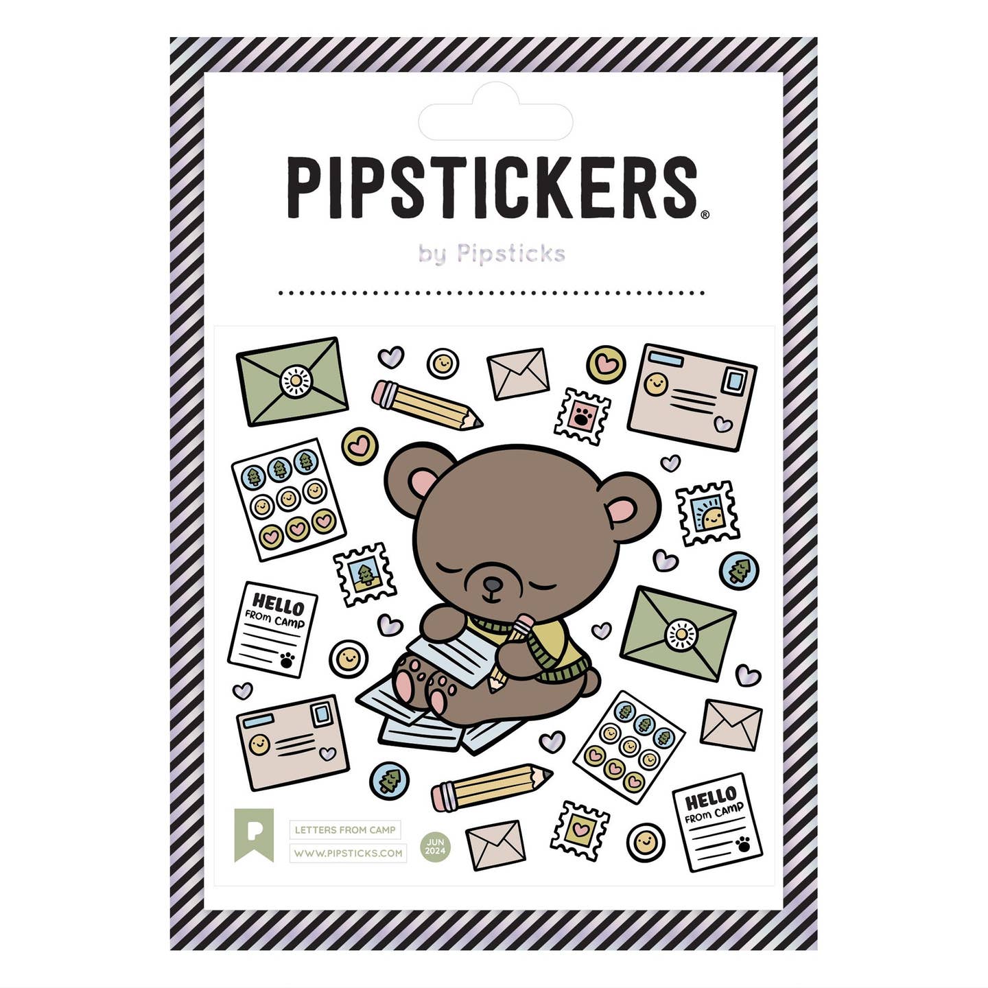 Sticker sheet with image of a brown bear writing a letter surrounded by images of letters, stamps and pencils. 