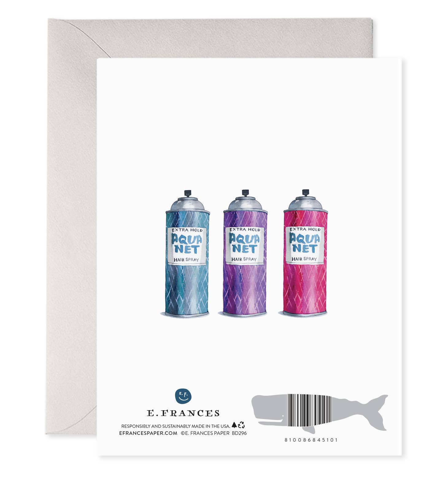 White background with images of blue, purple and pink cans of Aquanet extra hold hairspray. Grey envelope included. 