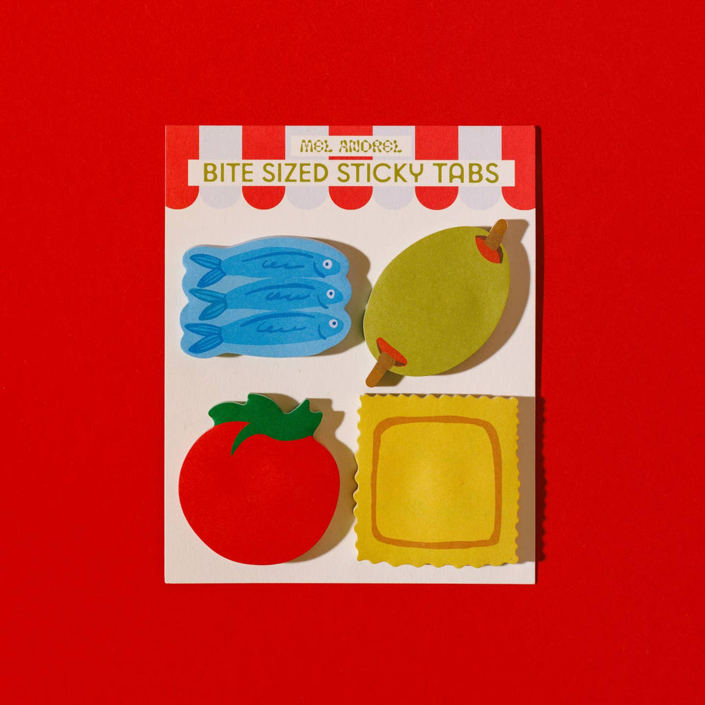 Sticky tabs in the image of anchovies, olive, tomato and ravioli.