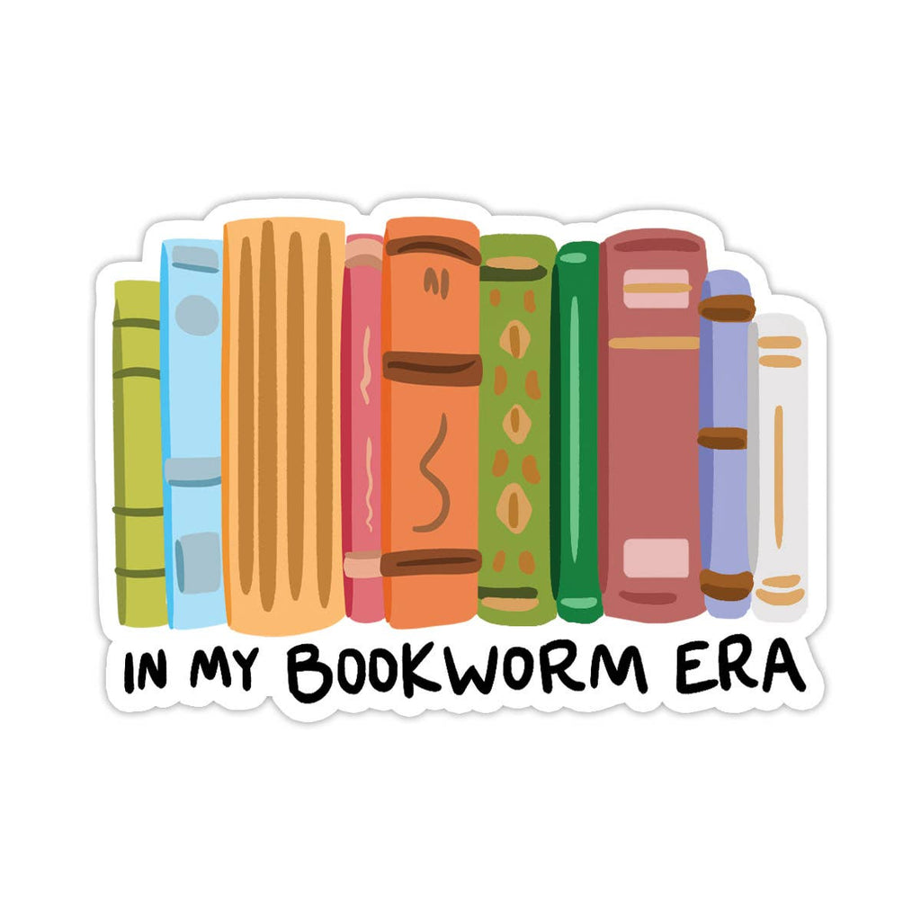 Image of books in bright colors with black text below says, "In my bookworm era". 