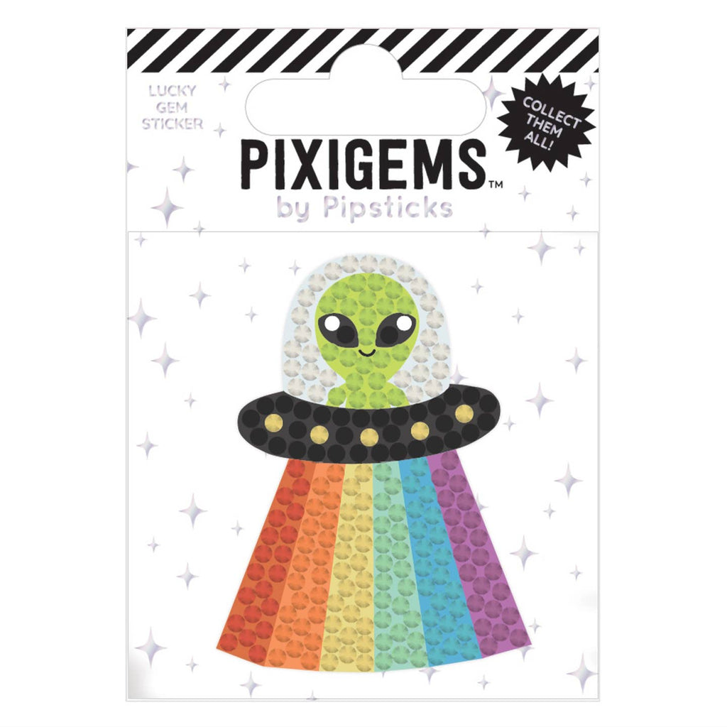 Sticker with white background and image. of a green alien with big eyes in a spaceship with rainbow beams beneath.