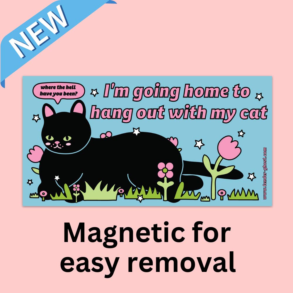 Image of bumper sticker with light blue background and  image of black cat lying in a field of green grass and pink flowers. Word bubble over cat's head says, "Whiter the hell have you been?" and pink text says, "I'm going home to hang out with my cat". 