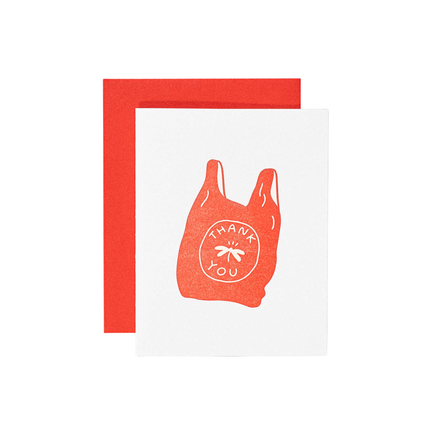 Greeting card with white background with image of a red bag with white text says, "Thank you" with circle and flower. Red envelope included.