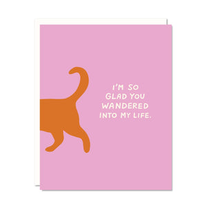 Greeting card with pink background and image of hind end of a dog or cat with white text says, "I'm so glad you wandered into my life.". White envelope included. 