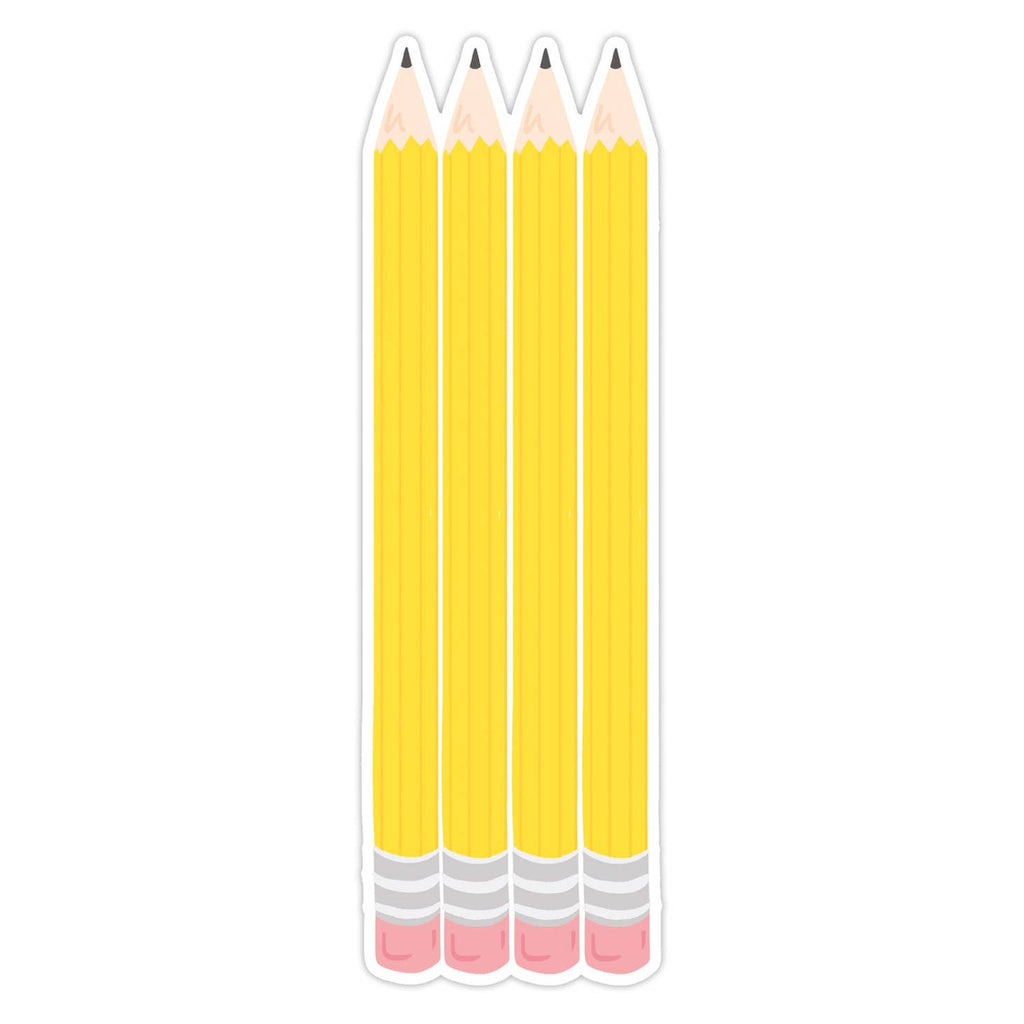 Image of bookmark in shape of four pencils in pink, yellow and black point. 