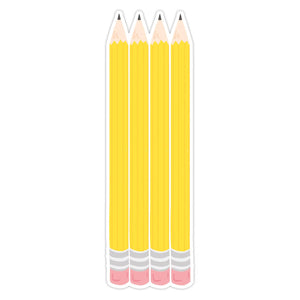 Image of bookmark in shape of four pencils in pink, yellow and black point. 
