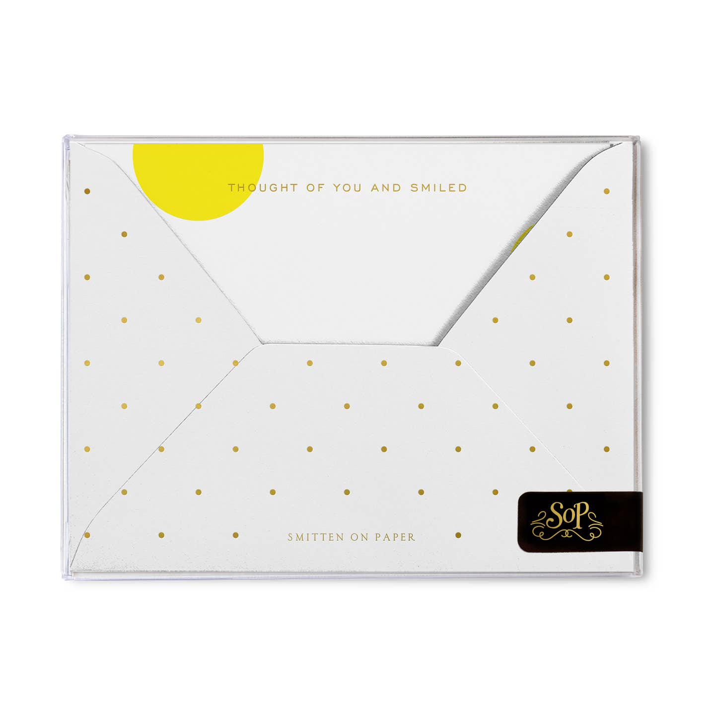 Boxed note card set with white background and yellow circles with gold foil text says, "Thought of you and smiled". White envelopes with gold foil dots. 