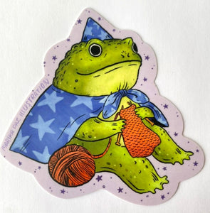 Knitting Wizard Frog Sticker