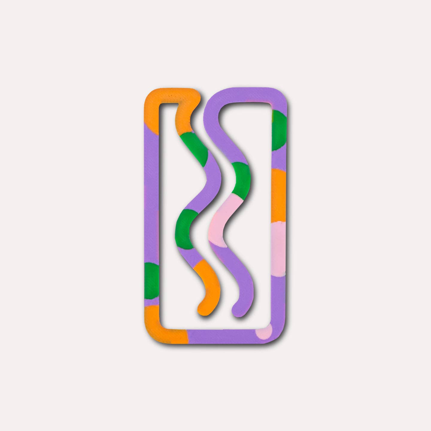 Plastic pink, orange, green and lilac bookmark in rectangle with squiggles.