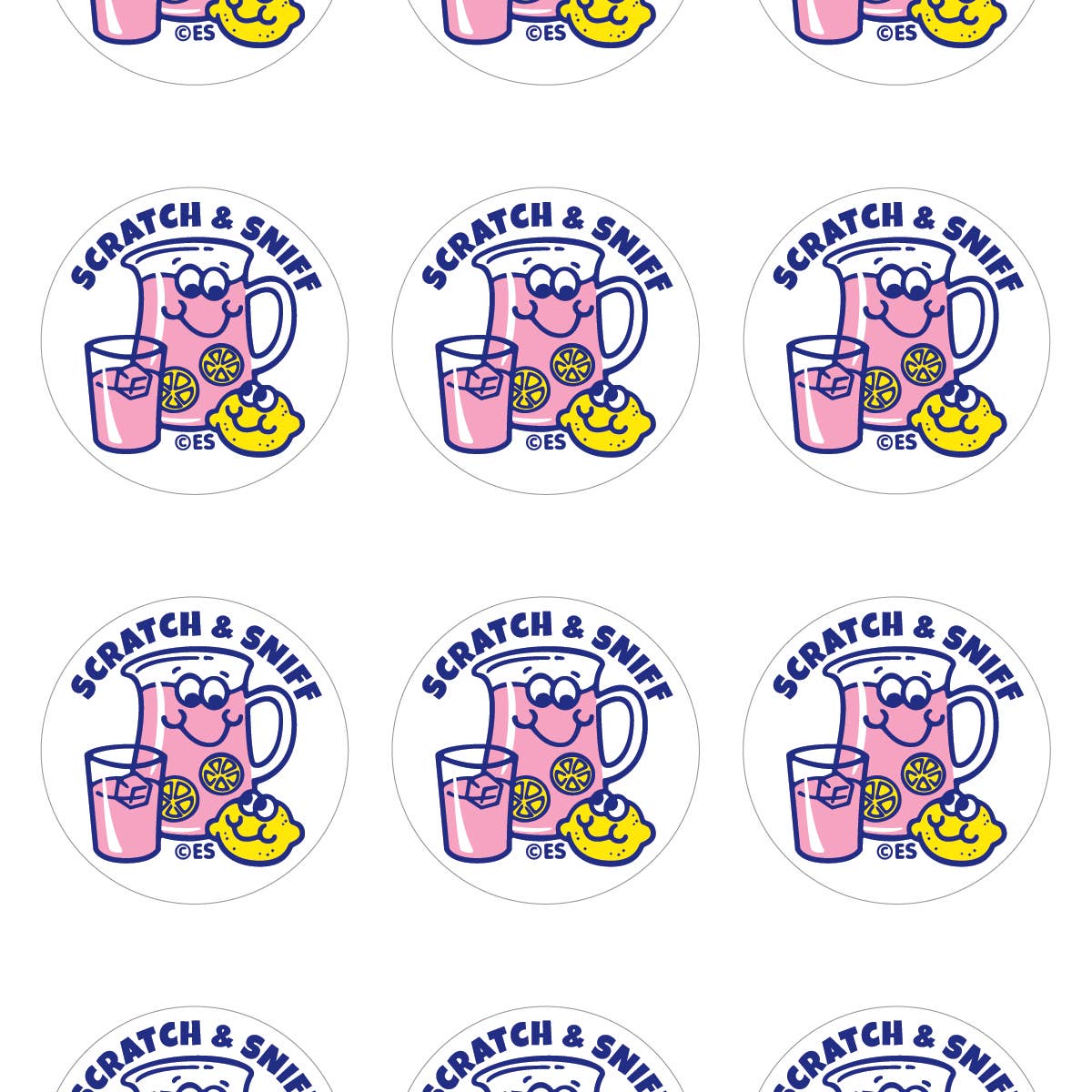 Sticker sheet with white background and images of a pitcher and a glass of pink lemonade and a lemon. 