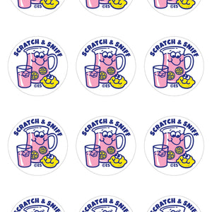 Sticker sheet with white background and images of a pitcher and a glass of pink lemonade and a lemon. 