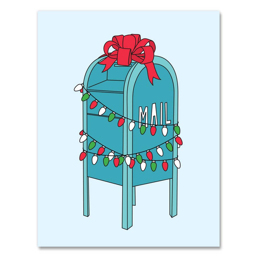 Greeting card with light blue background and image of teal mailbox with red, green and white holiday lights and a red bow on top. White text on side says, "Mail". Envelope included. 