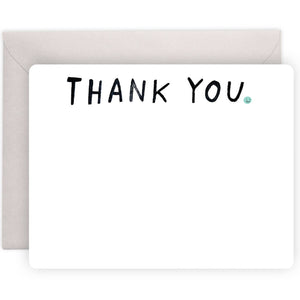 White background with black text says, “Thank you” and small aqua smiley face. Grey envelope is included.  