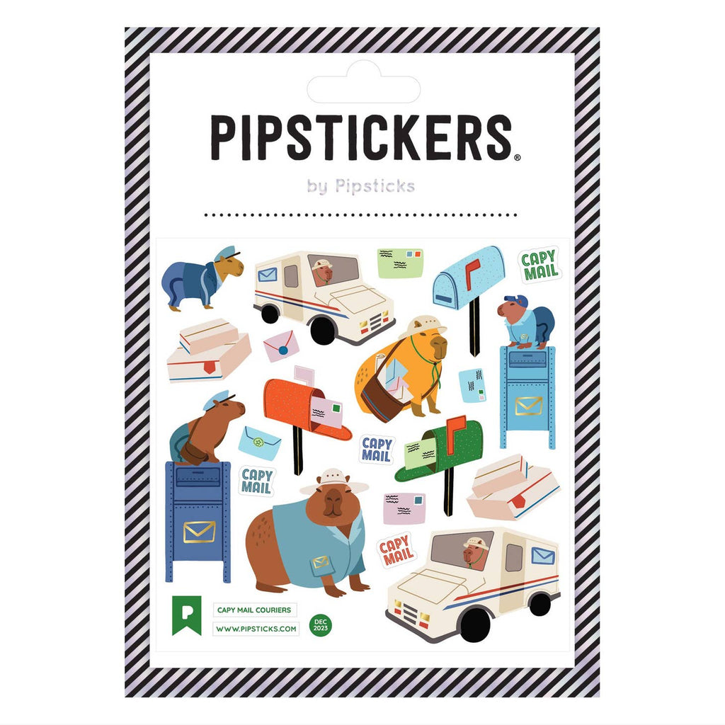 sticker sheets of capybara dressed as mail carriers driving trucks and sitting on mailboxes.