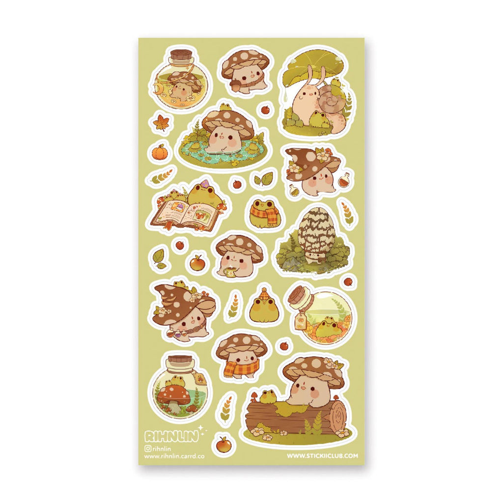 Sticker sheet with green background with images of mushrooms with faces and friends in the forest. 