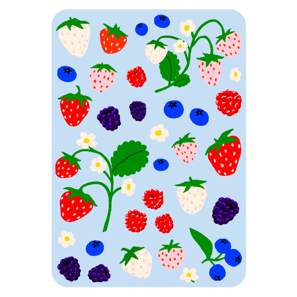 Iron on transfers in the image of strawberries, blueberries, blackberries and raspberries. 