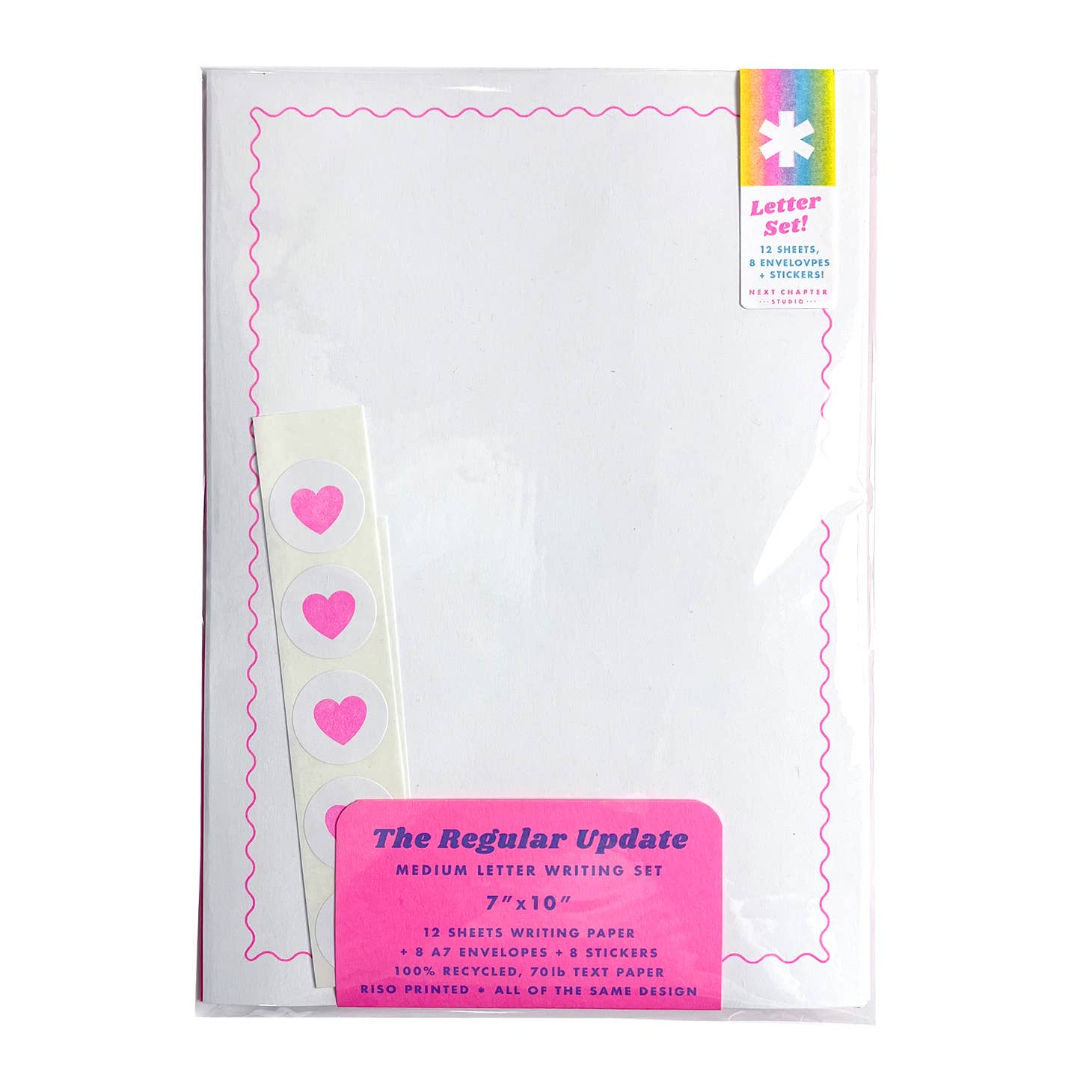 White paper with pink wavy line border with sticker with white background and pink hearts. 