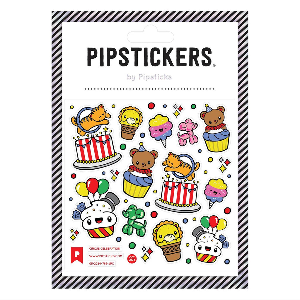 Decorative sticker sheet with images of animals as part of circus treats and acts. 