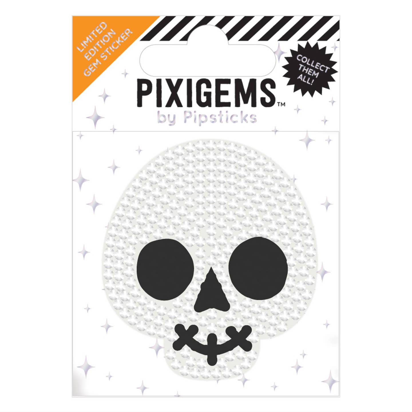 Sticker in image of a white skeleton with black features. 