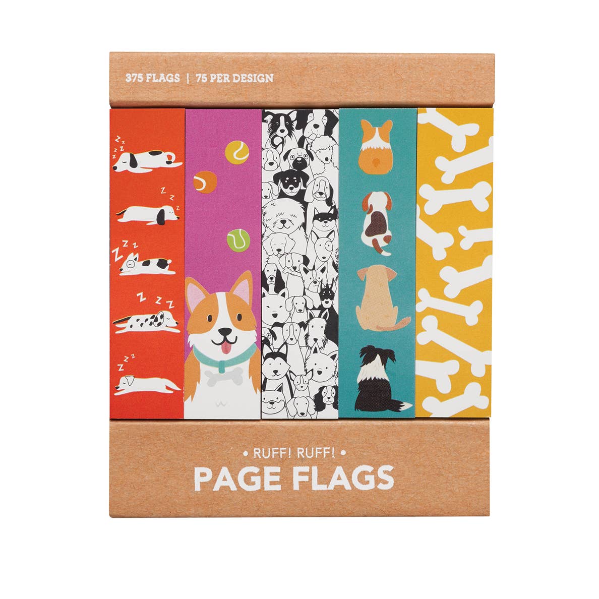 Image of pad of page flags. Red flag with images of sleeping black and white dog, Purple flag with image of corgi with tennis balls, black and white mural of dogs, teal background with images of dogs sitting from behind, yellow background with white bones.