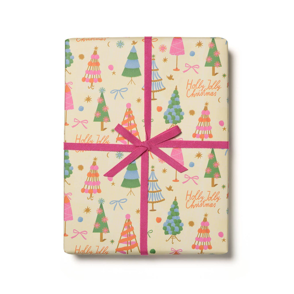 Ivory background with images of pink, green and blue pastel trees with yellow text says, "Holly Jolly Christmas".