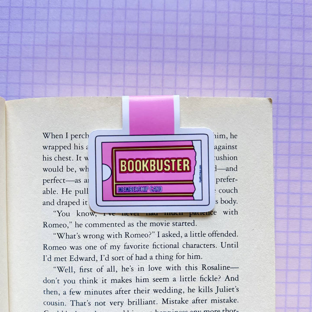 Bookmark in the image of a blockbuster card with hot pink background and yellow text says, "Bookbuster". 