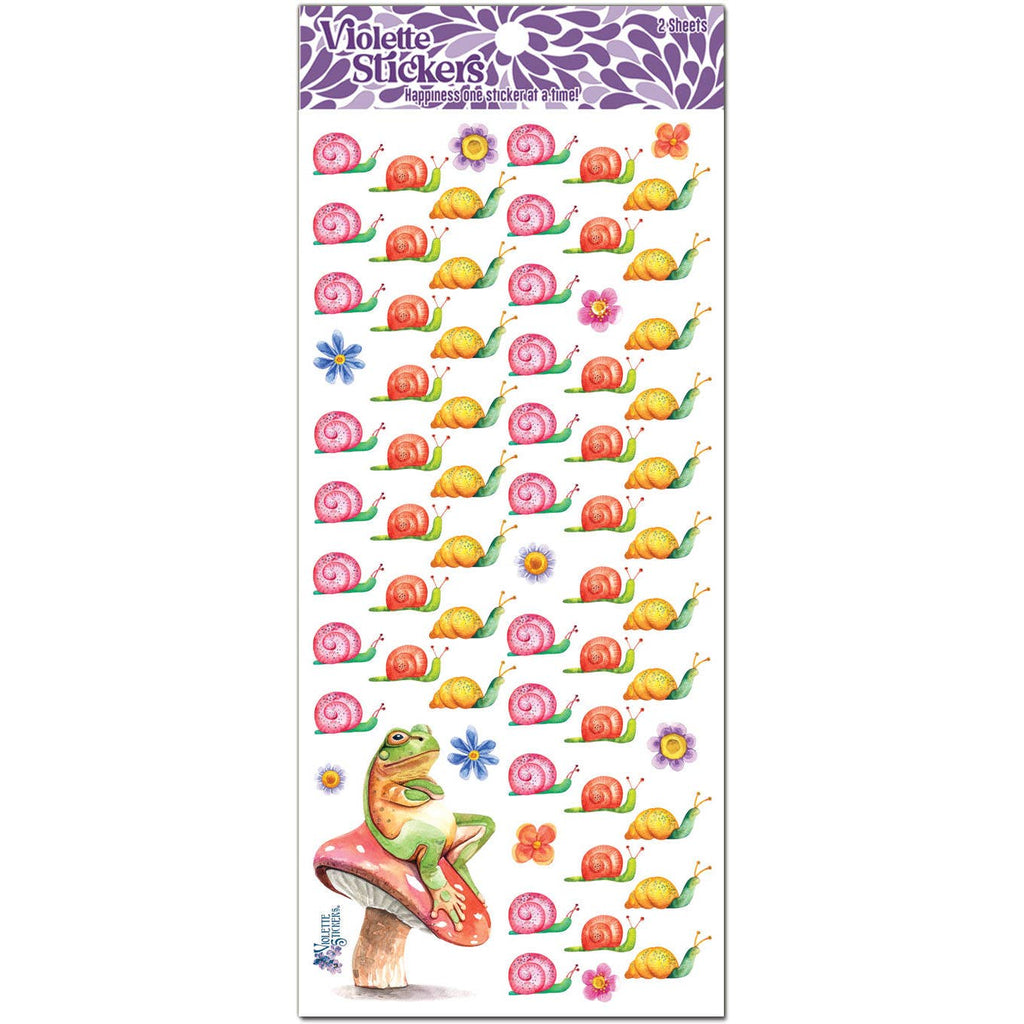 Sticker sheet with white background and images of small snails in pink, red, yellow, and green.