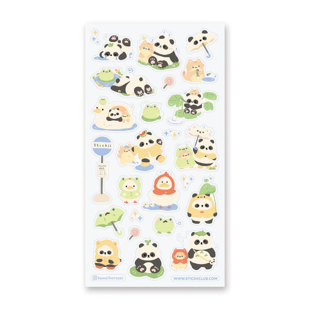 Sticker sheet with white background and images of pandas, ducks, cats, frogs and umbrellas in puddles. 